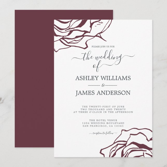Chic Script Floral Outline Burgundy Rose Wedding Invitation (Front/Back)