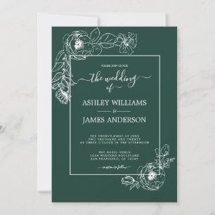 Chic Script Floral Outline Dark Green Wedding Invitation