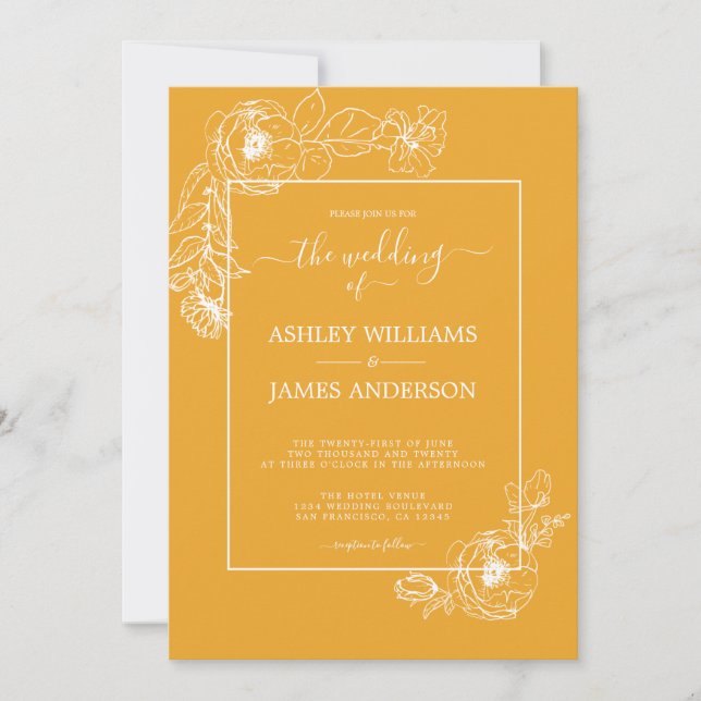 Chic Script Floral Outline Mellow Yellow Wedding Invitation (Front)