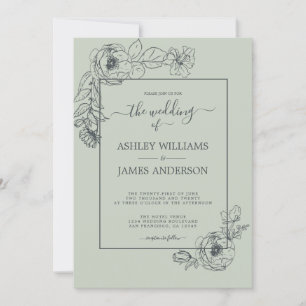 Chic Script Floral Outline Pastel Green Wedding Invitation