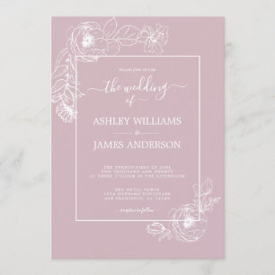 Chic Script Floral Outline Pastel Purple Wedding Invitation