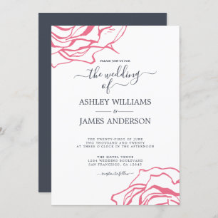Chic Script Floral Outline Pink Rose Wedding Invitation