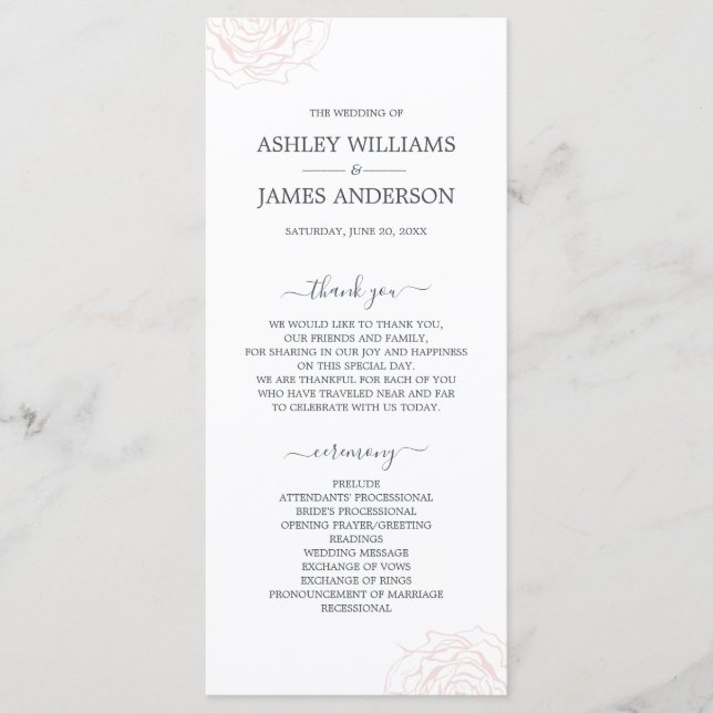 Chic Script Floral Pale Pink Rose Simple Wedding Programme (Front)