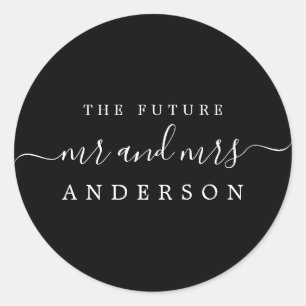 Chic Script Future Mr Mrs Black Wedding Classic Round Sticker