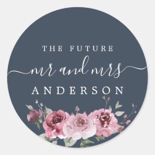 Chic Script Future Mr Mrs Burgundy Floral Blue Classic Round Sticker