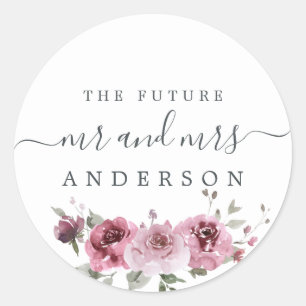 Chic Script Future Mr Mrs Burgundy Floral Pink Classic Round Sticker