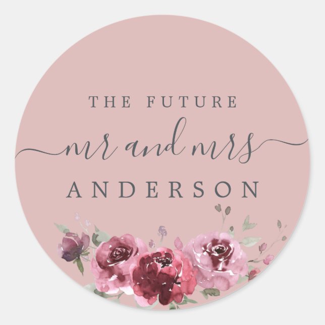 Chic Script Future Mr Mrs Burgundy Floral Pink Classic Round Sticker (Front)