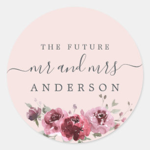 Chic Script Future Mr Mrs Burgundy Floral Pink Classic Round Sticker