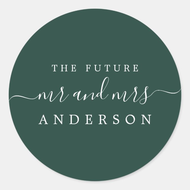 Chic Script Future Mr Mrs Dark Green Wedding Classic Round Sticker (Front)