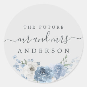 Chic Script Future Mr Mrs Dusty Blue Floral Gray Classic Round Sticker