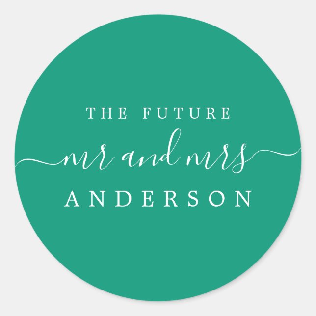 Chic Script Future Mr Mrs Emerald Green Wedding Classic Round Sticker (Front)