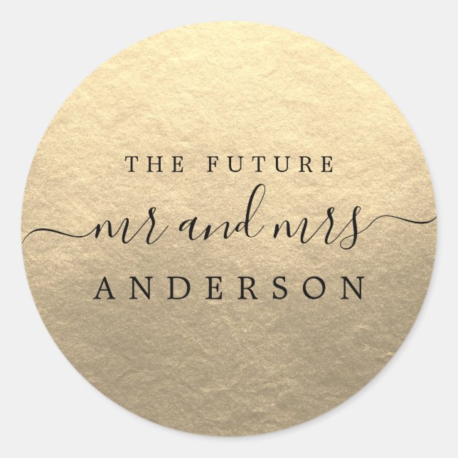 Chic Script Future Mr Mrs Gold Wedding Classic Round Sticker (Front)