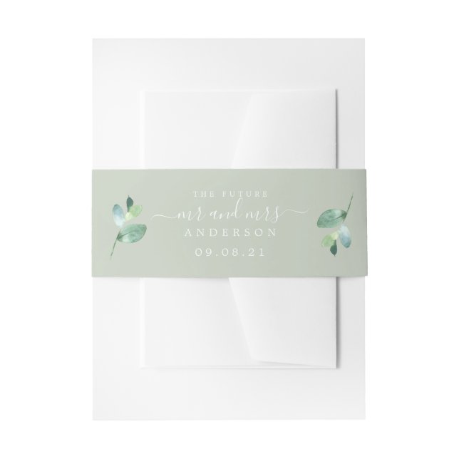 Chic Script Future Mr Mrs Green Foliage Wedding Invitation Belly Band (Front Example)