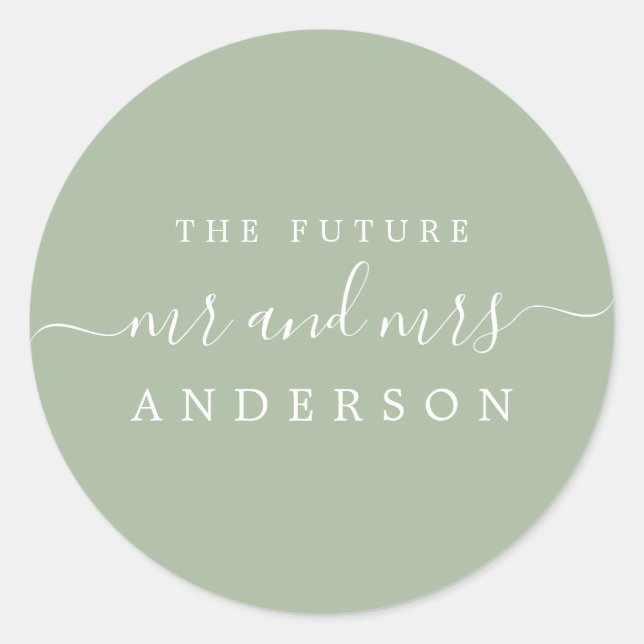 Chic Script Future Mr Mrs Laurel Green Wedding Classic Round Sticker (Front)