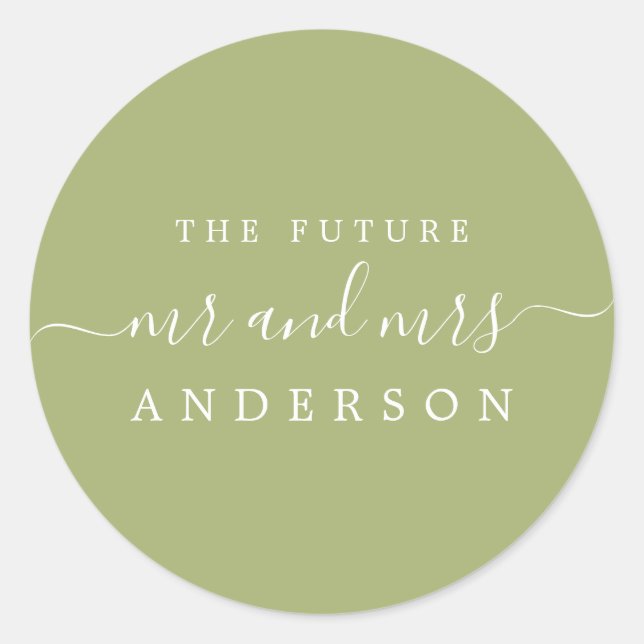 Chic Script Future Mr Mrs Leaf Green Wedding Classic Round Sticker (Front)