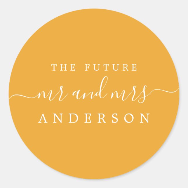 Chic Script Future Mr Mrs Mellow Yellow Wedding Classic Round Sticker (Front)