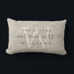 Chic Script Future Mr Mrs Monogram Beige Linen Lumbar Cushion<br><div class="desc">Elegant future mr mrs keepsake beige woven linen effect pillow with your text in dark gray chic handwritten script calligraphy. Simply add your name and monogram. Perfect gift for a bridal shower, engagement, or Valentine's Day. Exclusively designed for you by Happy Dolphin Studio. If you need any help or matching...</div>