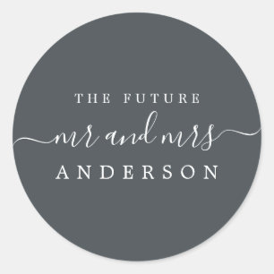 Chic Script Future Mr Mrs Off-Black Wedding Classic Round Sticker