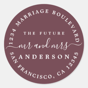 Chic Script Future Mr Mrs Return Address Burgundy Classic Round Sticker