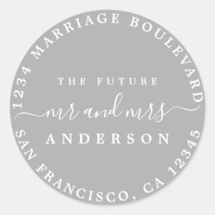 Chic Script Future Mr Mrs Return Address Grey Classic Round Sticker
