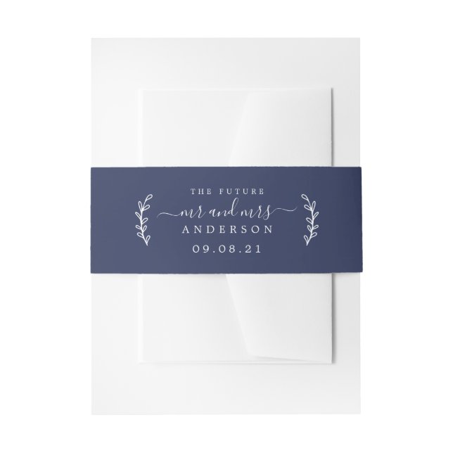 Chic Script Future Mr Mrs Wedding Date Dark Blue Invitation Belly Band (Front Example)