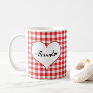 Chic Script Girly Red White Gingham Custom Name Coffee Mug