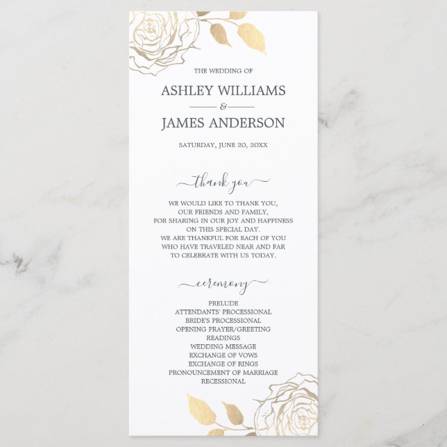 Chic Script Gold Floral Rose Simple Wedding Programme (Front)