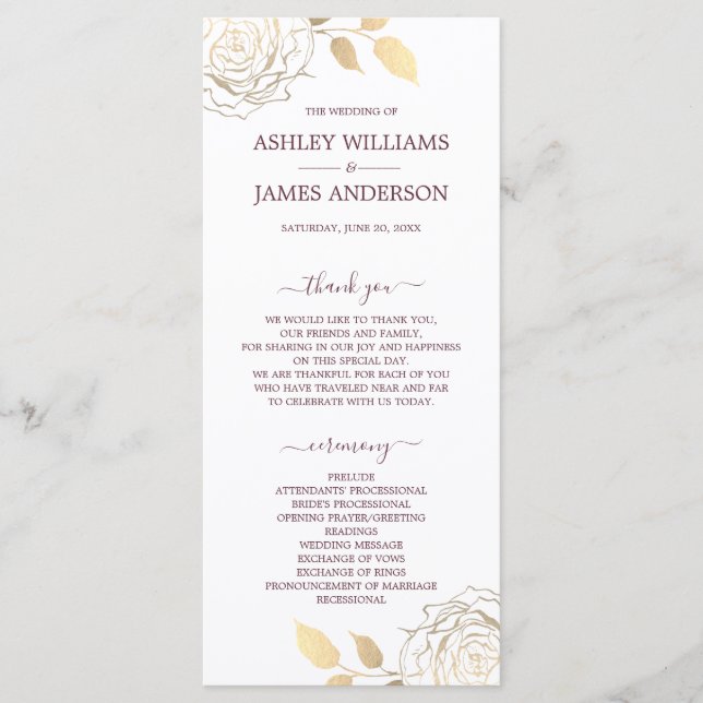 Chic Script Gold Floral Rose Simple Wedding Programme (Front)