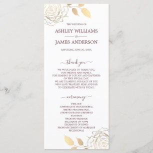 Chic Script Gold Floral Rose Simple Wedding Programme