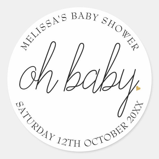 Chic script gold heart baby shower oh baby classic round sticker (Front)