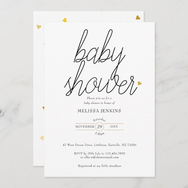 Chic Script Gold Hearts Baby Shower / Sprinkle Invitation (Front/Back)