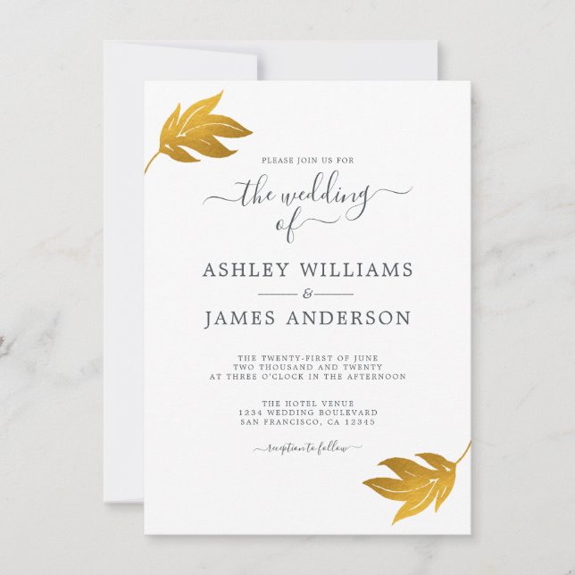 Chic Script Gold Leaf Minimal Wedding Invitation (Front)