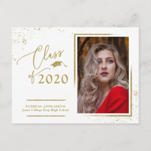 Chic Script Grad Announcement Festive Gold Glitter Postcard