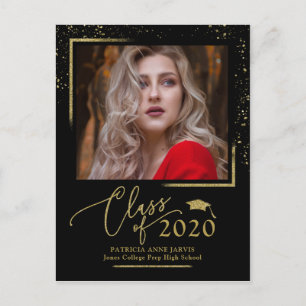 Chic Script Grad Announcement Festive Gold Glitter Postcard