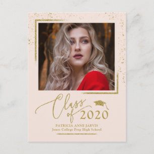 Chic Script Grad Announcement Festive Gold Glitter Postcard