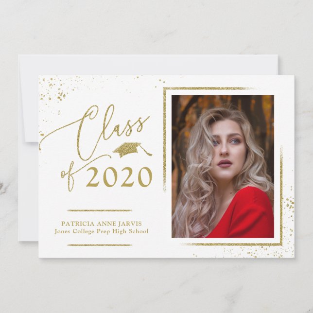 Chic Script Grad Announcement Gold Glitter Photo (Front)