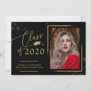 Chic Script Grad Announcement Gold Glitter Photo