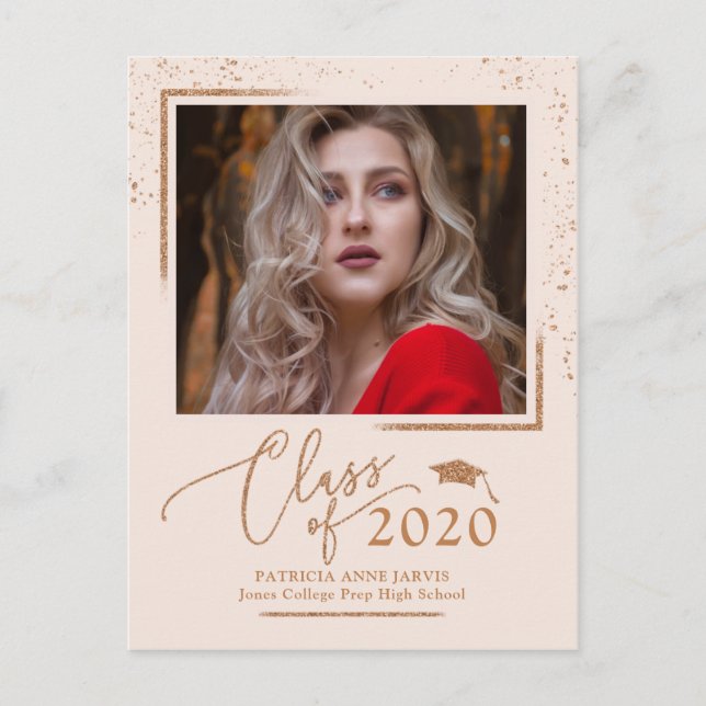 Chic Script Grad Announcement Rose Gold Glitter Postcard (Front)