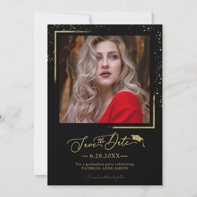 Chic Script Grad Party Save The Date Gold Glitter Invitation (Front)