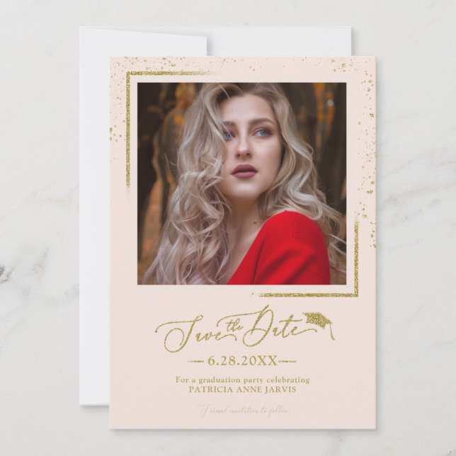 Chic Script Grad Party Save The Date Gold Glitter Invitation (Front)