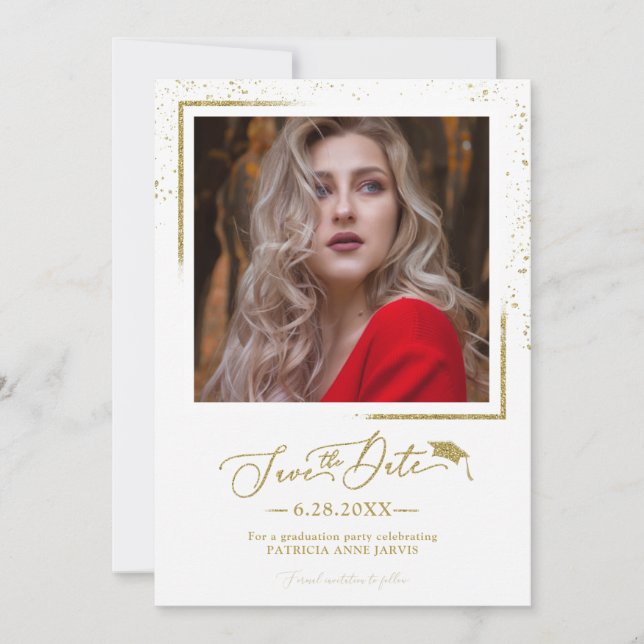 Chic Script Grad Party Save The Date Gold Glitter Invitation (Front)