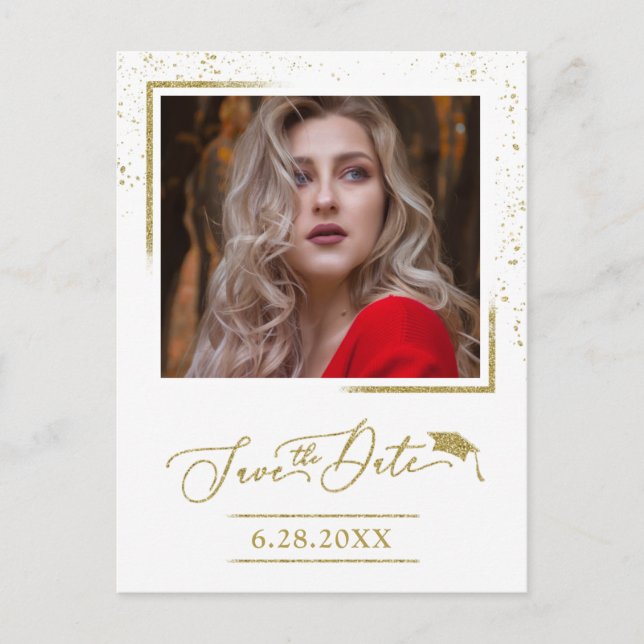 Chic Script Grad Party Save The Date Gold Glitter Postcard (Front)