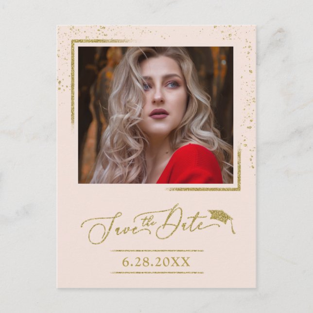 Chic Script Grad Party Save The Date Gold Glitter Postcard (Front)