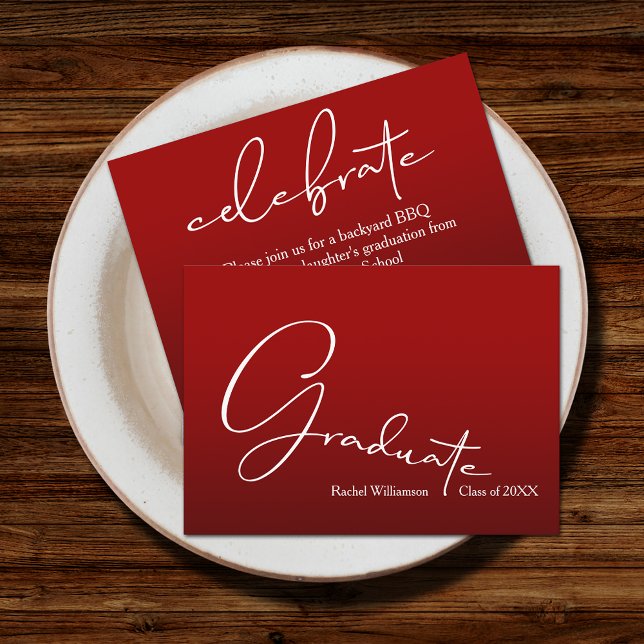 Chic Script Graduate Cardinal Red Party Enclosure Card (Small 3.5" x 2.5" invitations to hand out or mail with your graduation announcements (no envelopes))