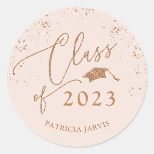 Chic Script Graduation Festive Rose Gold Glitter Classic Round Sticker