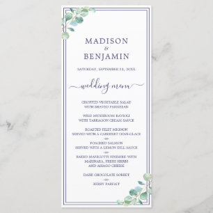 Chic Script Green Foliage Navy Blue Border Wedding Menu