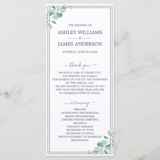Chic Script Green Foliage Navy Blue Border Wedding Programme (Front)