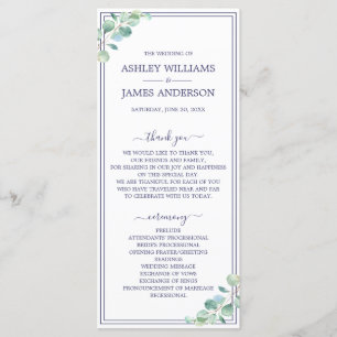 Chic Script Green Foliage Navy Blue Border Wedding Programme