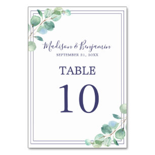 Chic Script Green Foliage Navy Blue Border Wedding Table Number