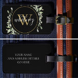 Chic Script Greenery Gold Monogram Black Luggage Tag<br><div class="desc">Featuring delicate watercolor leaves greenery,  this chic girly design can be personalised with your gold monogram initial. Designed by Thisisnotme©</div>